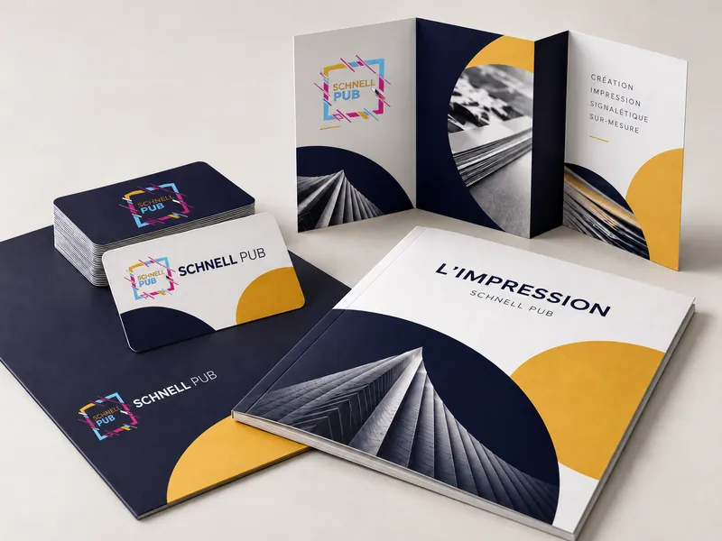 Papeterie imprimée Schnell Pub : cartes de visite, chemise, dépliant et brochure à notre logo