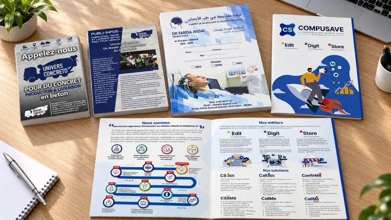 Brochure, flyer et chemise imprimés pour plusieurs clients