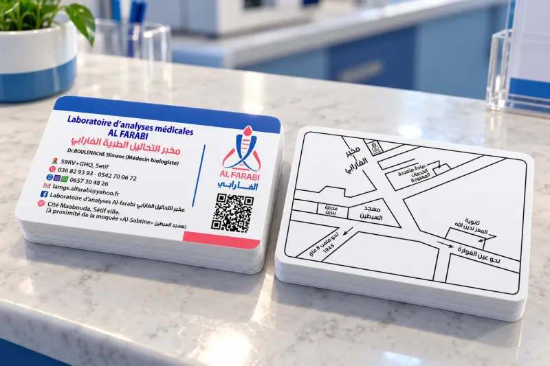 Cartes de visite du laboratoire Al Farabi avec un plan