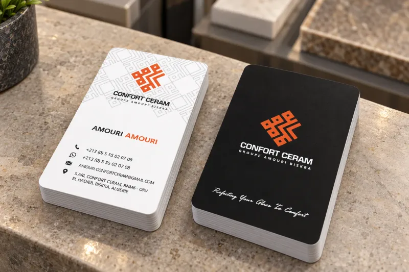 Cartes de visite Confort Ceram dans un showroom de carrelage