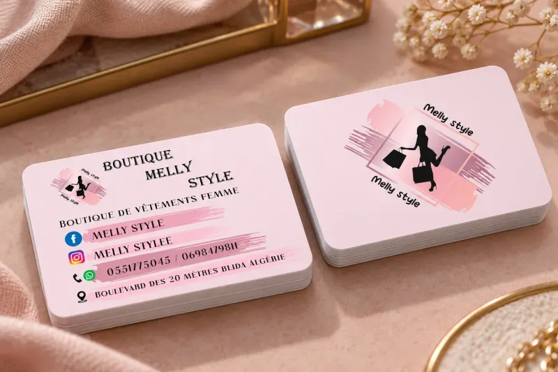 Cartes de visite Melly Style sur un présentoir rose