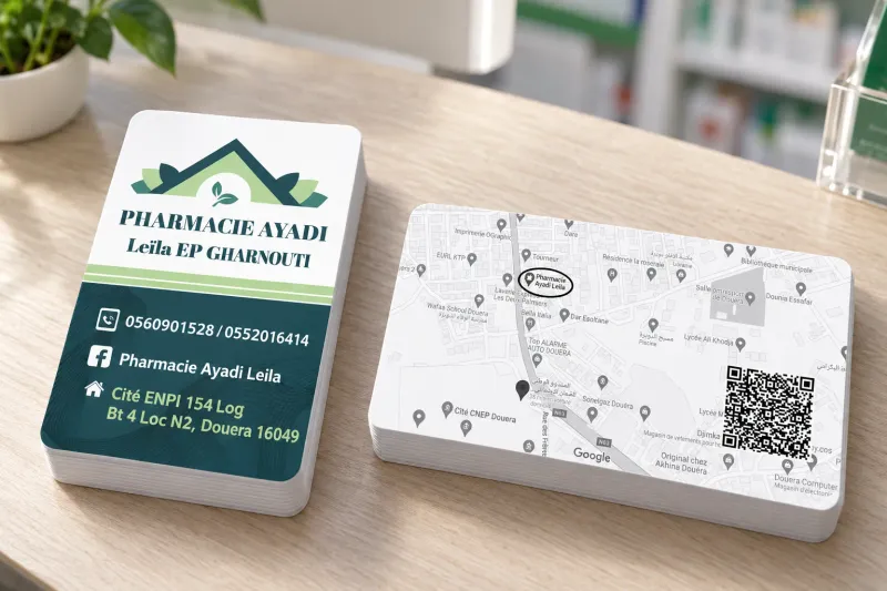 Cartes de visite Pharmacie Ayadi sur le présentoir d’une pharmacie