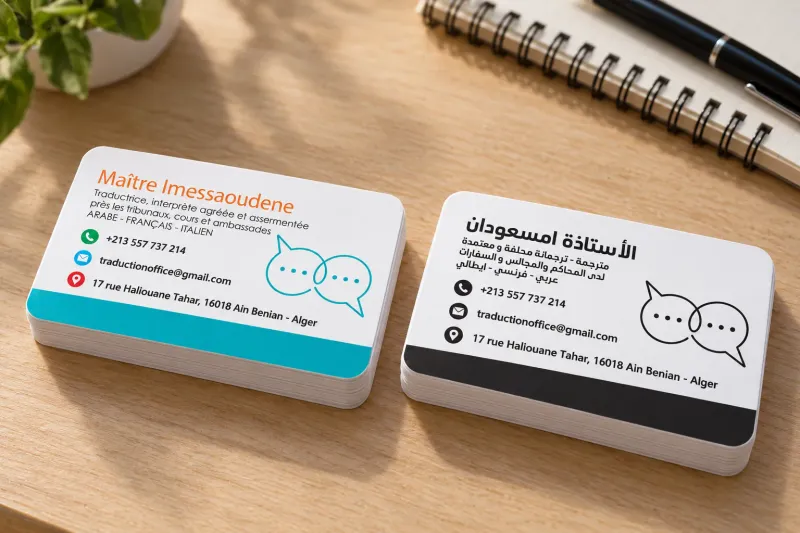 Cartes de visite bilingues d’un traducteur sur un bureau en chêne