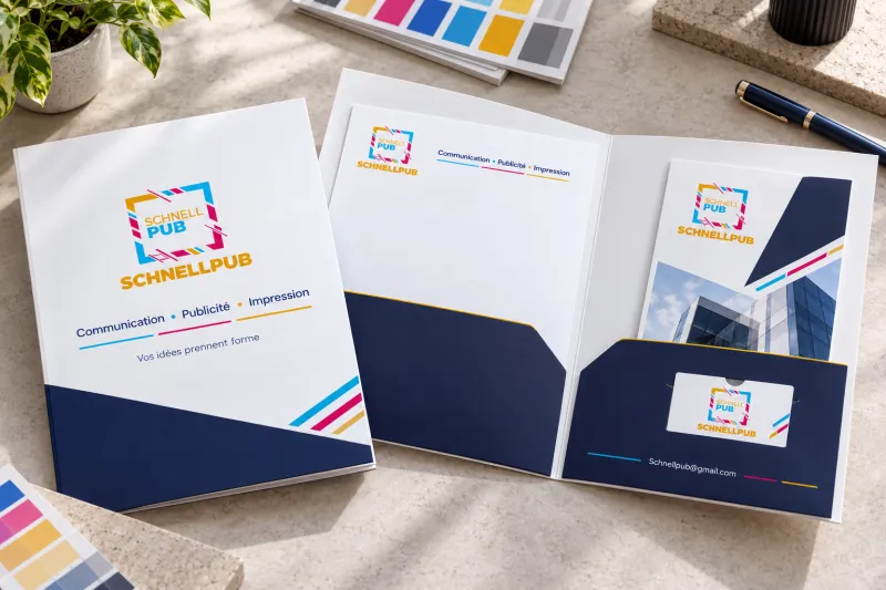 Chemises de présentation Schnellpub, fermée et ouverte avec papier à en-tête et carte