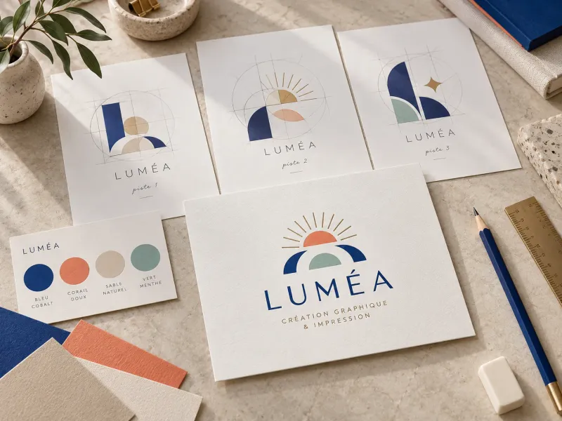 Pistes de logo LUMÉA et logo final sur papier, avec palette