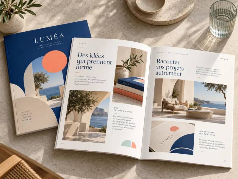 Mise en page éditoriale LUMÉA d’un magazine ouvert