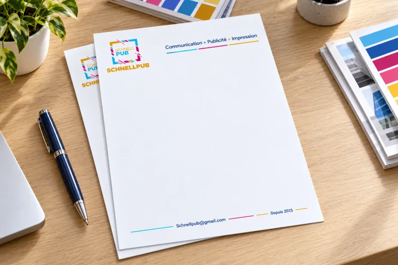 Papier à en-tête, enveloppes et cartes assortis sur un bureau